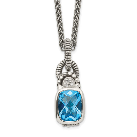 GSS Sterling Silver 18 Inch Antiqued Cushion Bezel Sky Blue Topaz and Diamond Necklace