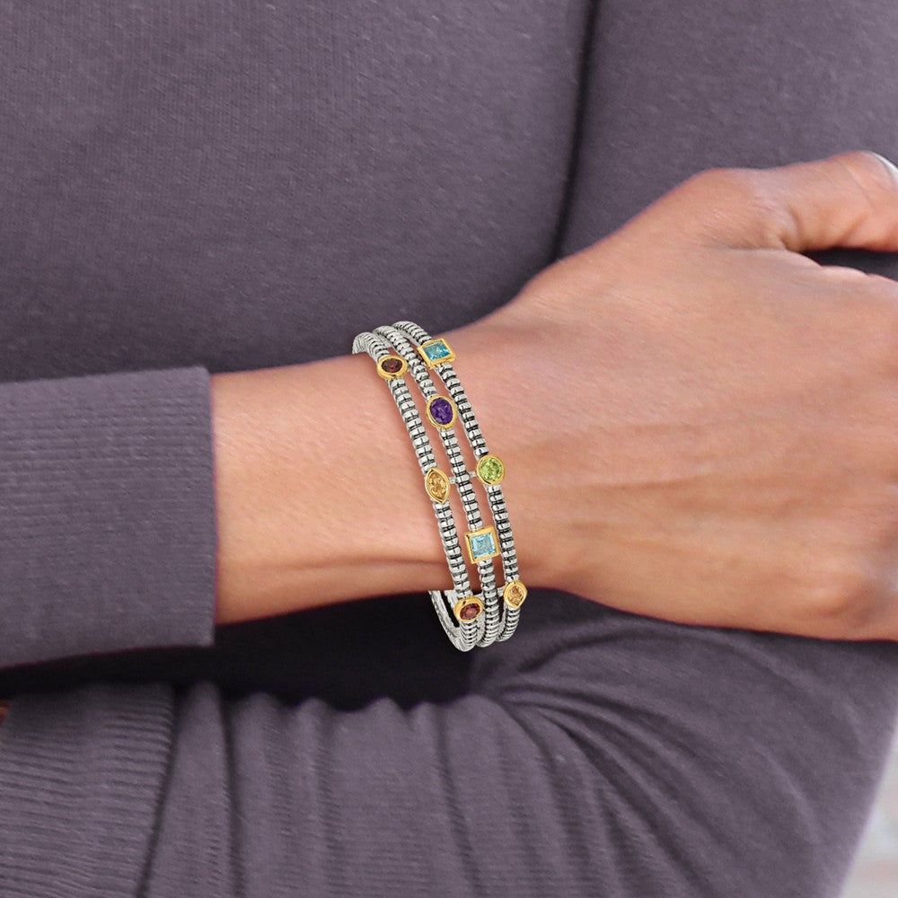 GSS Sterling Silver with 14K Accent Antiqued Bezel .36Amethyst/.55Blue Topaz/.18Citrine/.35Garnet/.30Peridot Cuff Bracelet