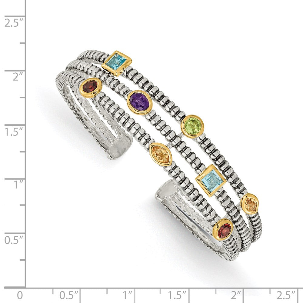 GSS Sterling Silver with 14K Accent Antiqued Bezel .36Amethyst/.55Blue Topaz/.18Citrine/.35Garnet/.30Peridot Cuff Bracelet