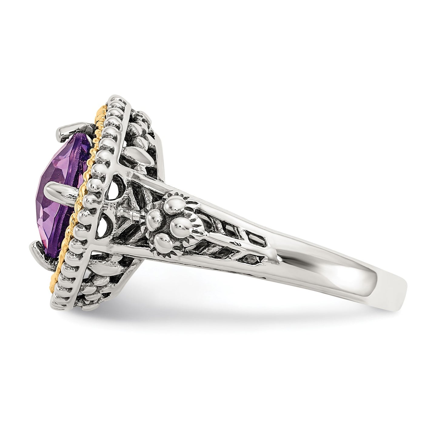 GSS Sterling Silver with 14K Accent Antiqued Checkerboard-cut Cushon Amethyst Ring