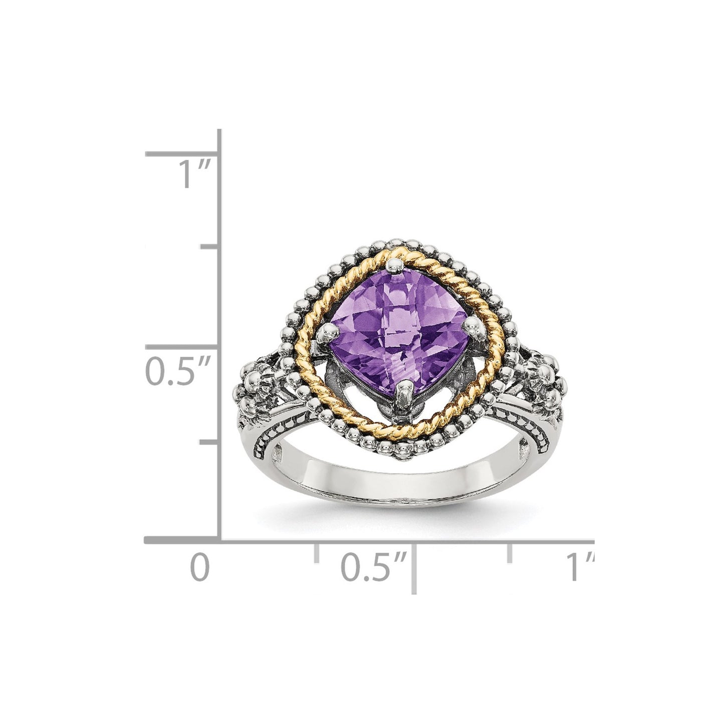 GSS Sterling Silver with 14K Accent Antiqued Checkerboard-cut Cushon Amethyst Ring
