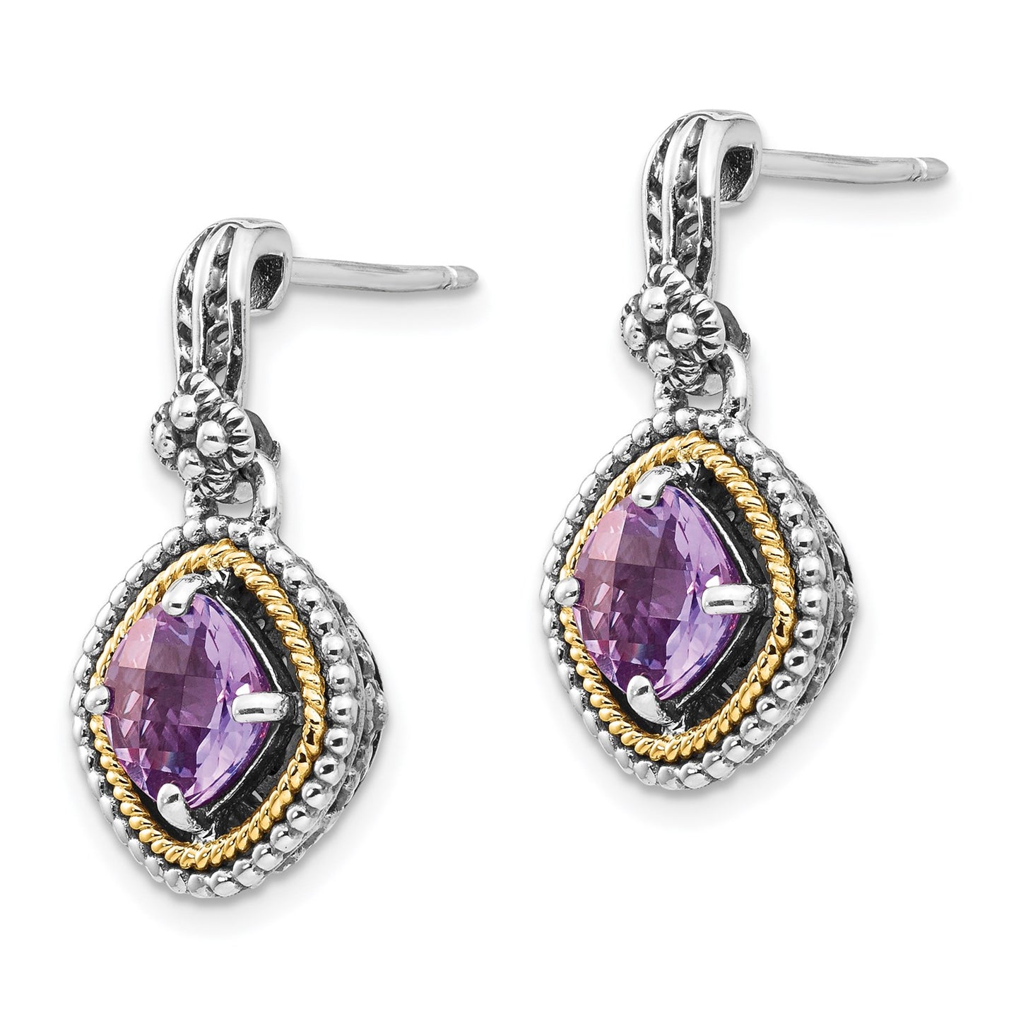GSS Sterling Silver with 14K Accent Antiqued Cushion Amethyst Post Dangle Earrings