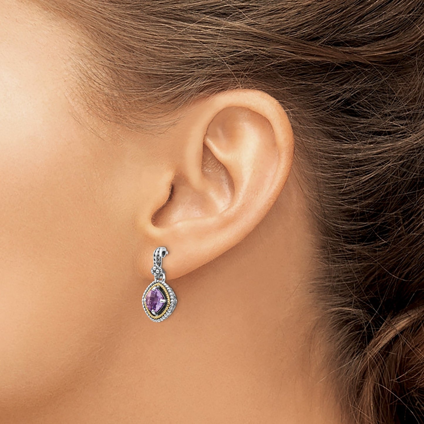 GSS Sterling Silver with 14K Accent Antiqued Cushion Amethyst Post Dangle Earrings