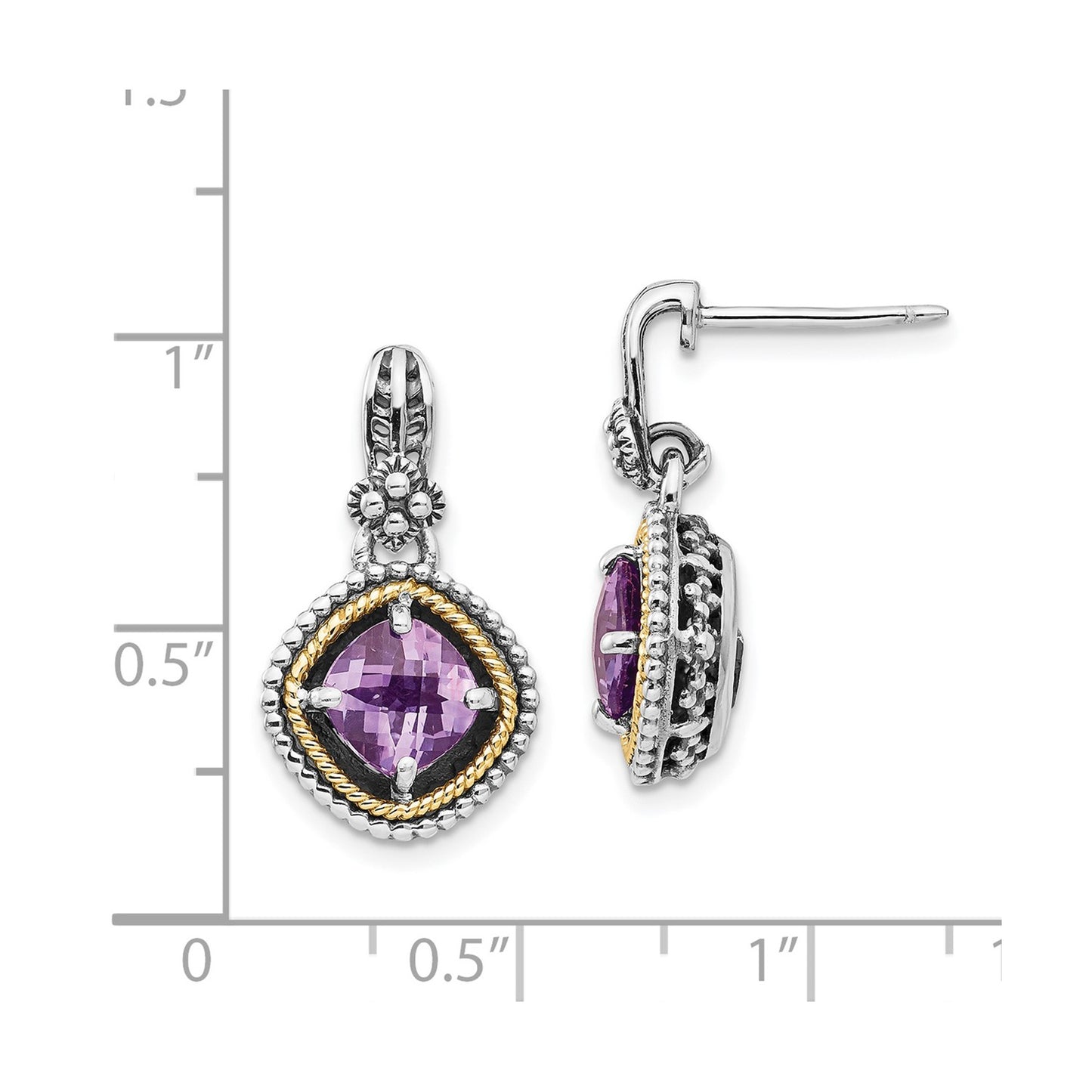 GSS Sterling Silver with 14K Accent Antiqued Cushion Amethyst Post Dangle Earrings
