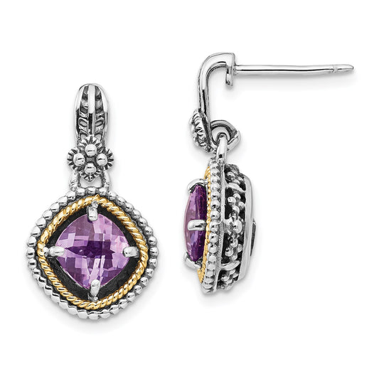 GSS Sterling Silver with 14K Accent Antiqued Cushion Amethyst Post Dangle Earrings