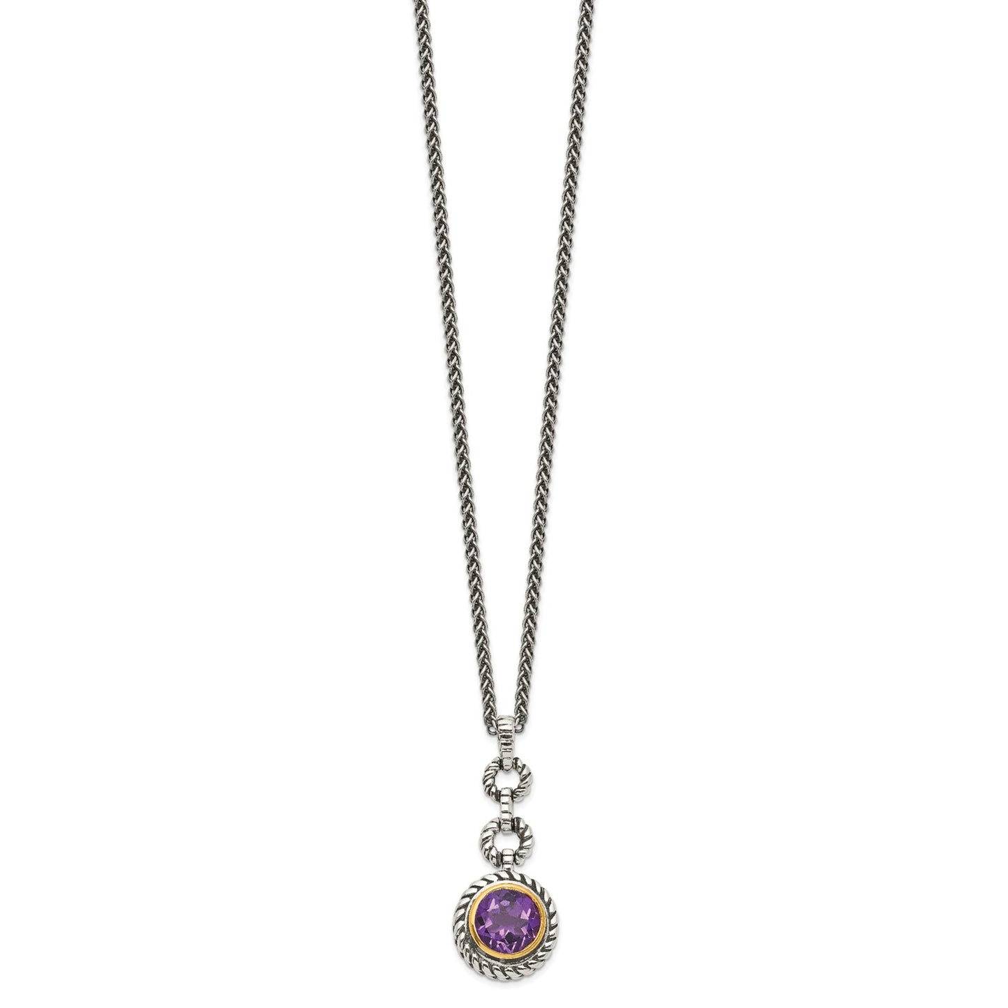 GSS Sterling Silver Gold-tone Flash Gold-plated 18 Inch Antiqued Round Bezel Amethyst Necklace