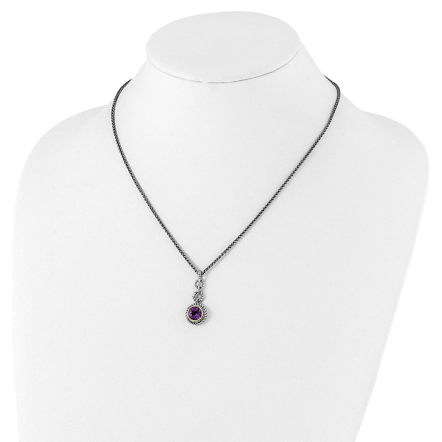 GSS Sterling Silver Gold-tone Flash Gold-plated 18 Inch Antiqued Round Bezel Amethyst Necklace