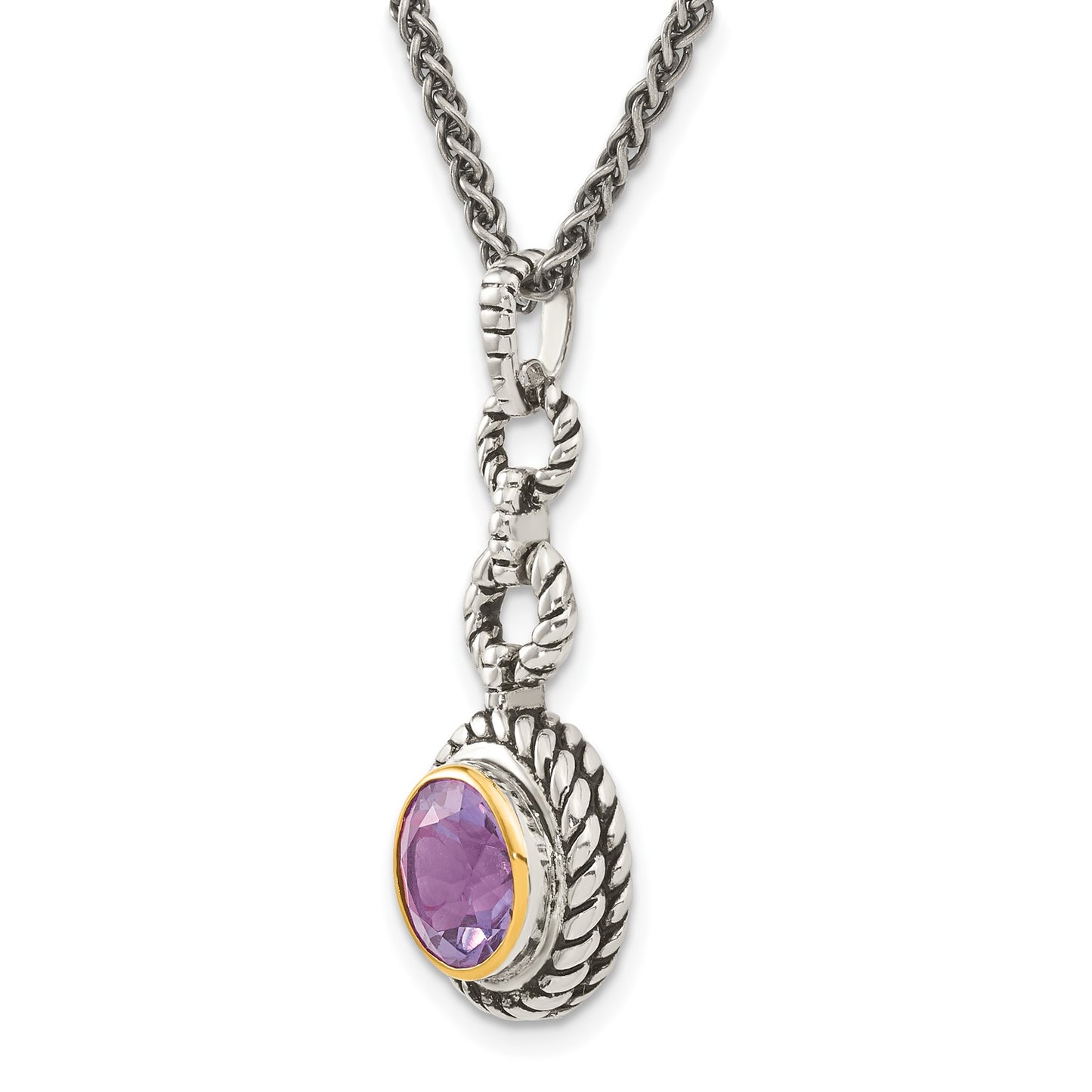 GSS Sterling Silver Gold-tone Flash Gold-plated 18 Inch Antiqued Round Bezel Amethyst Necklace