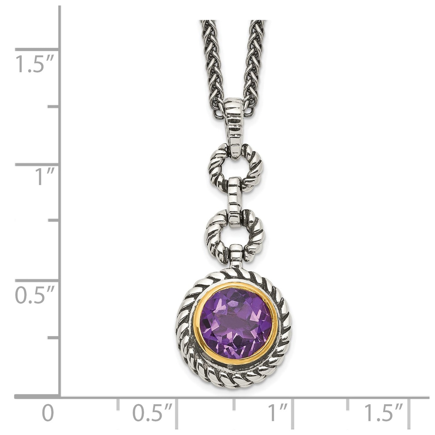 GSS Sterling Silver Gold-tone Flash Gold-plated 18 Inch Antiqued Round Bezel Amethyst Necklace