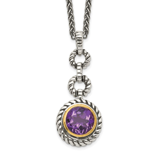 GSS Sterling Silver Gold-tone Flash Gold-plated 18 Inch Antiqued Round Bezel Amethyst Necklace