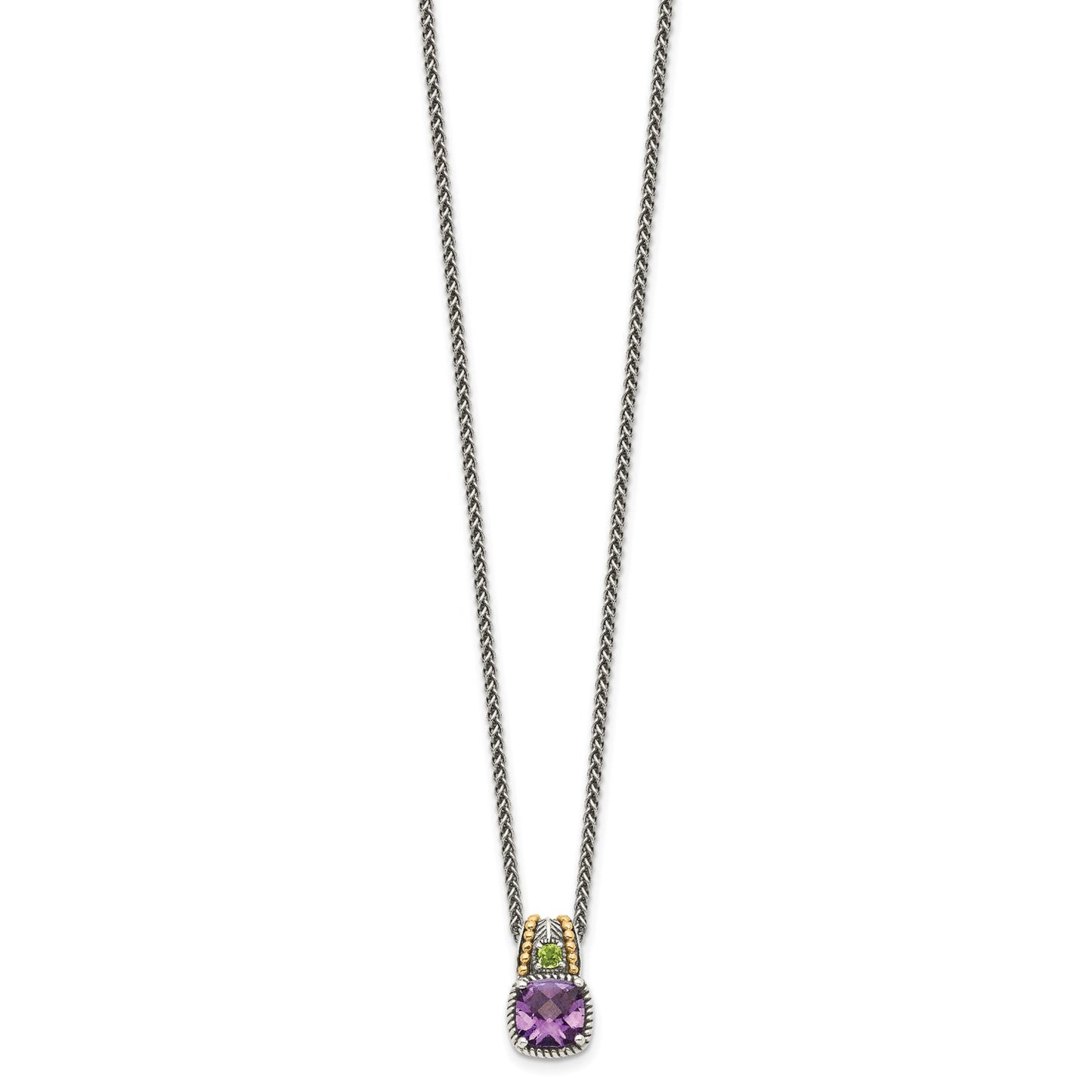 GSS Sterling Silver with 14K Accent 18 Inch Antiqued Cushion 1.85 Amethyst and .21 Peridot Necklace