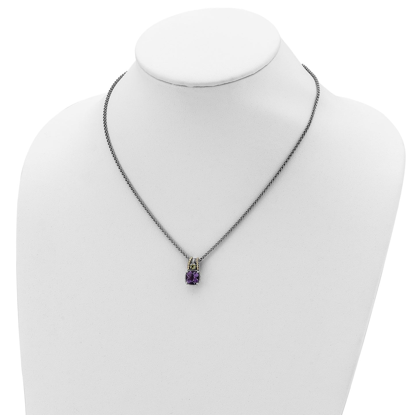 GSS Sterling Silver with 14K Accent 18 Inch Antiqued Cushion 1.85 Amethyst and .21 Peridot Necklace