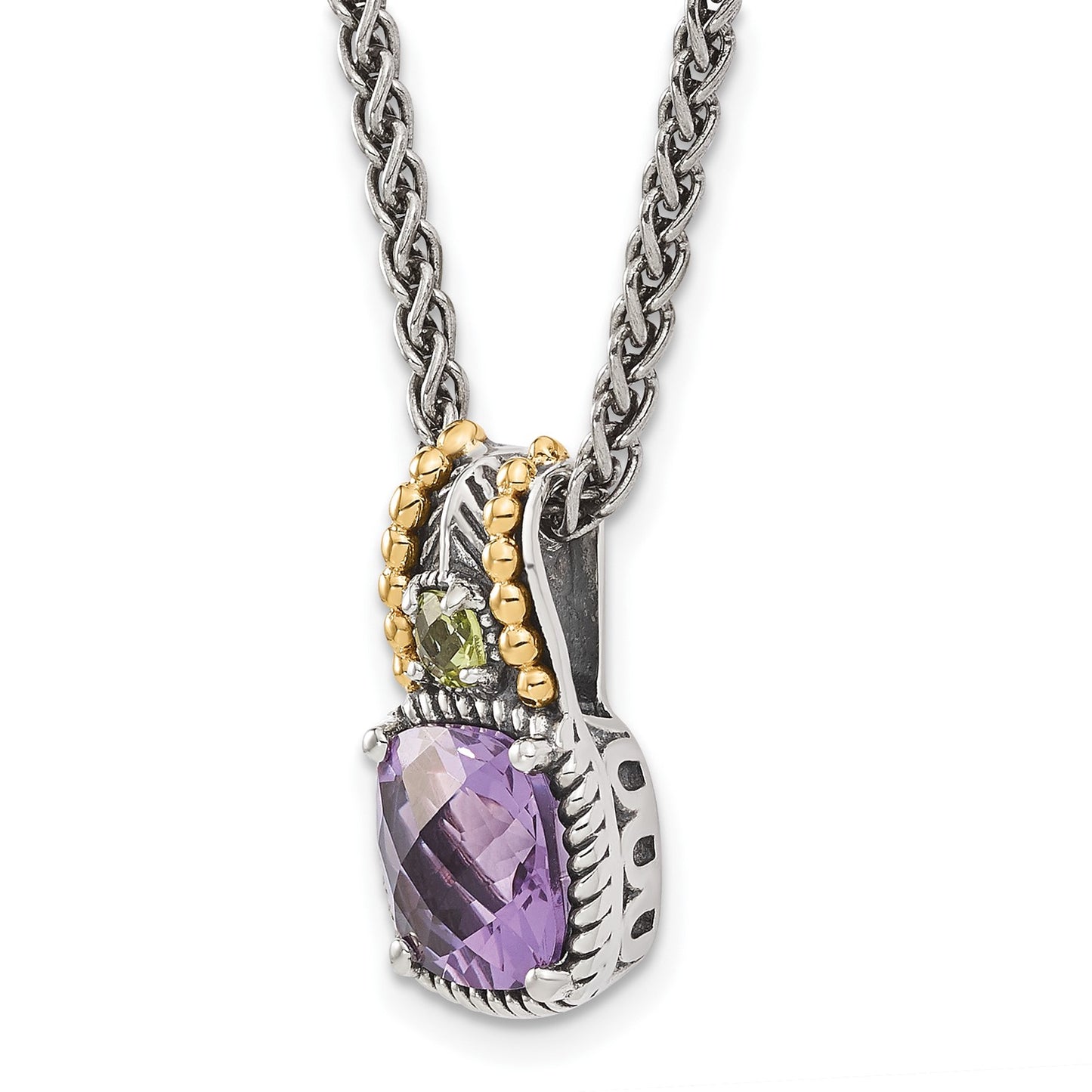 GSS Sterling Silver with 14K Accent 18 Inch Antiqued Cushion 1.85 Amethyst and .21 Peridot Necklace