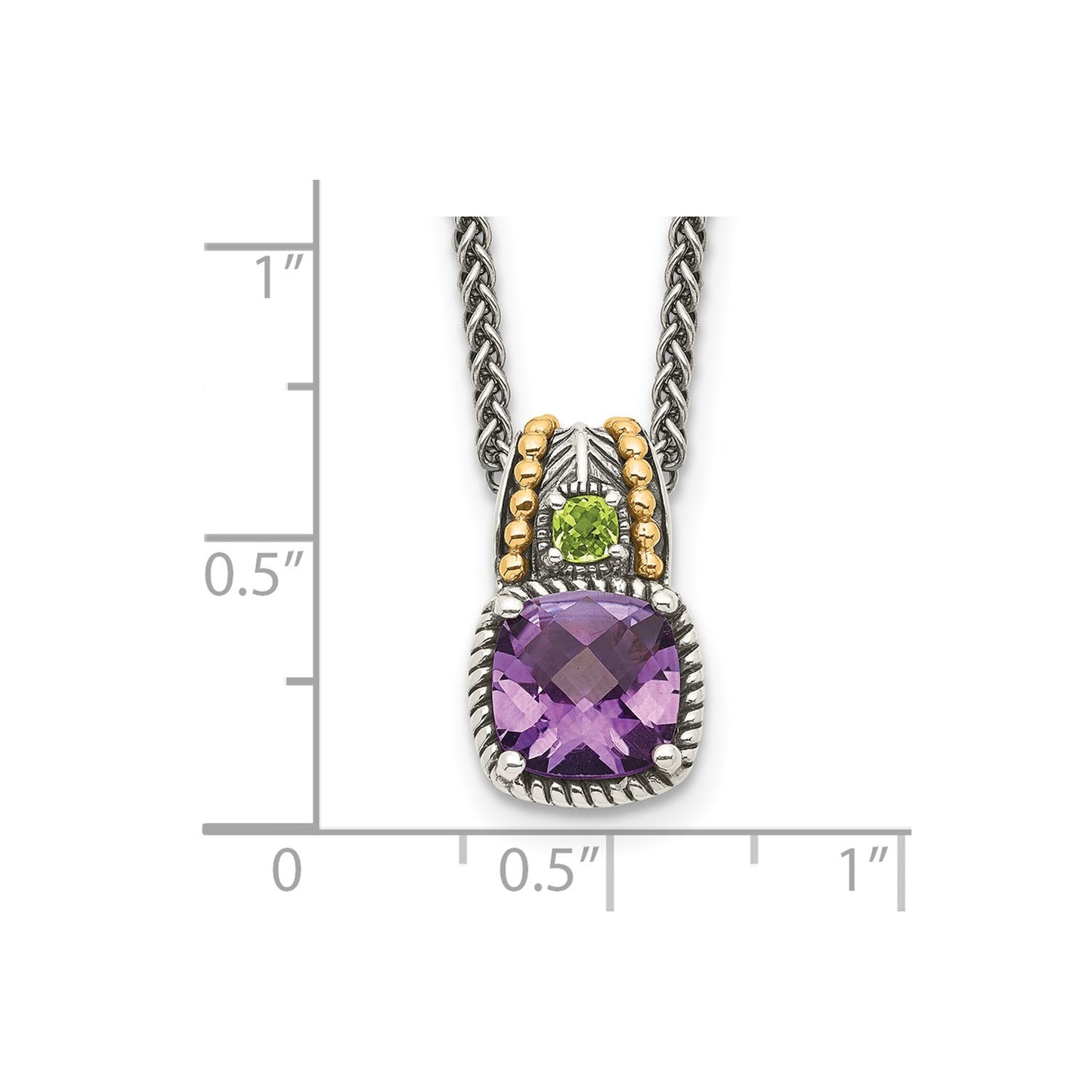 GSS Sterling Silver with 14K Accent 18 Inch Antiqued Cushion 1.85 Amethyst and .21 Peridot Necklace