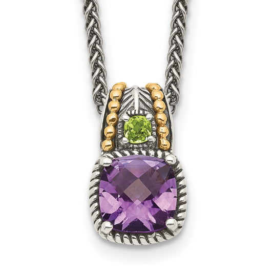 GSS Sterling Silver with 14K Accent 18 Inch Antiqued Cushion 1.85 Amethyst and .21 Peridot Necklace
