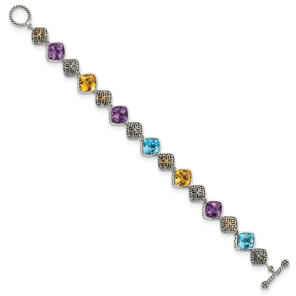 GSS Sterling Silver with 14K Accent 8.25 Inch Antiqued Cushion Bezel 7.95Amethyst/7.1Blue Topaz/5.3Citrine Bracelet