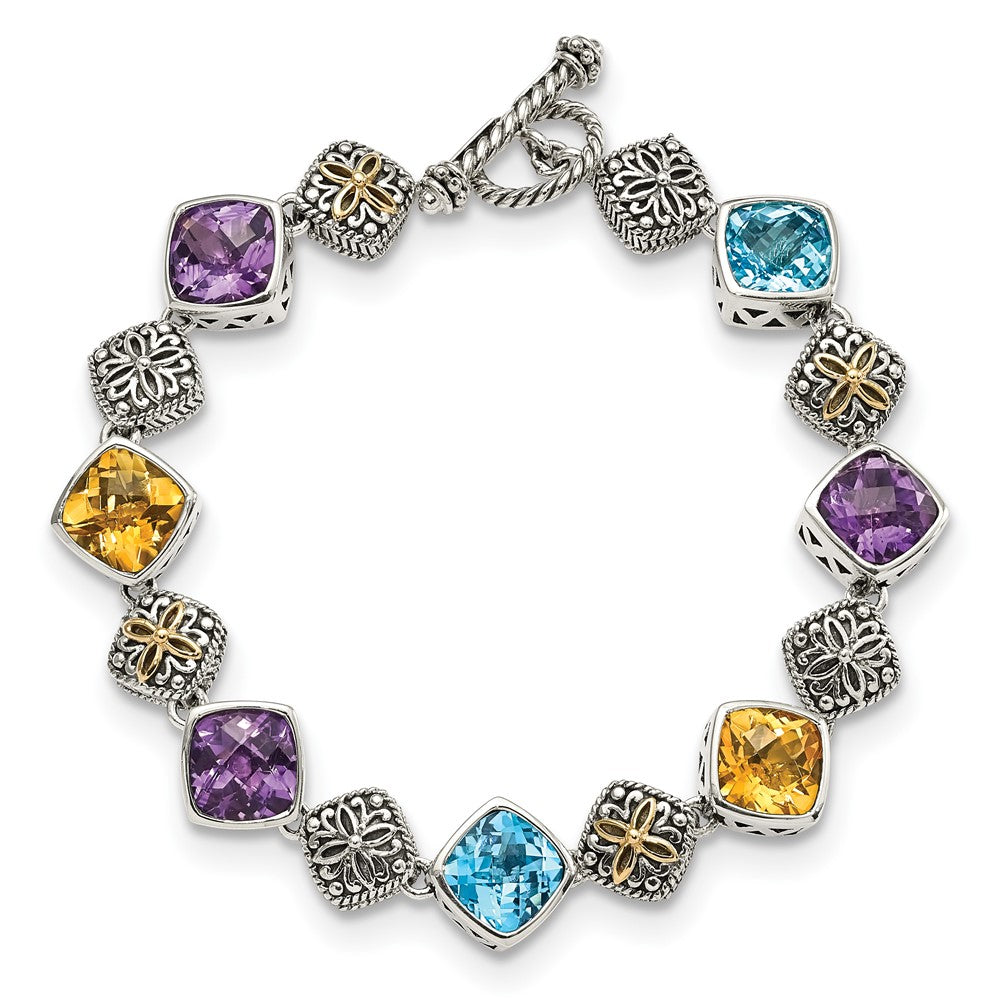 GSS Sterling Silver with 14K Accent 8.25 Inch Antiqued Cushion Bezel 7.95Amethyst/7.1Blue Topaz/5.3Citrine Bracelet