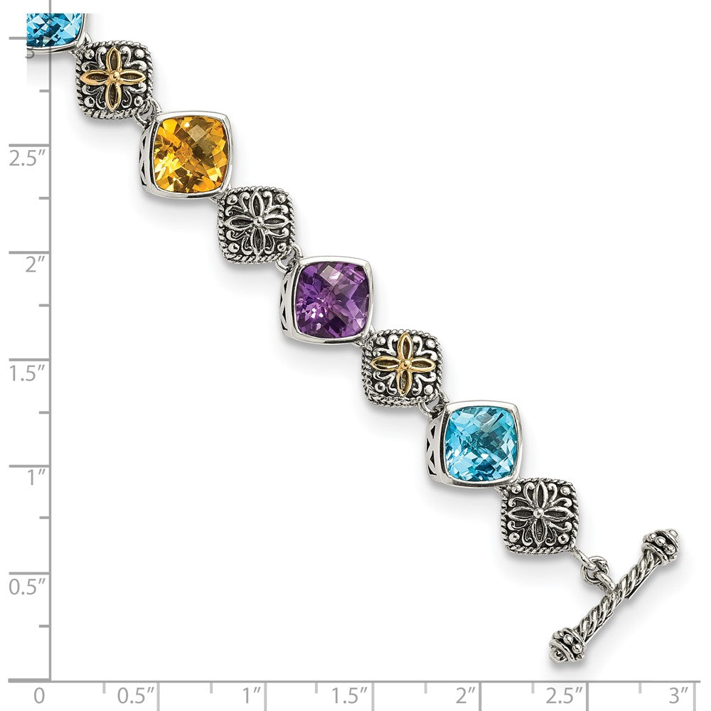GSS Sterling Silver with 14K Accent 8.25 Inch Antiqued Cushion Bezel 7.95Amethyst/7.1Blue Topaz/5.3Citrine Bracelet