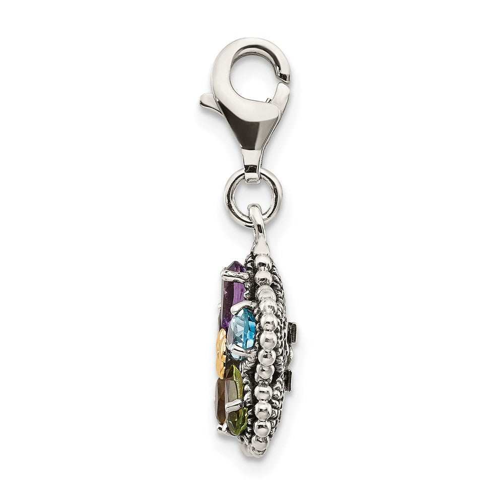 GSS Sterling Silver with 14K Accent Antiqued Pear Shaped Amethyst Citrine Blue Topaz Peridot and Garnet Multicolored Gemstone Flower with Lobster Clasp Charm
