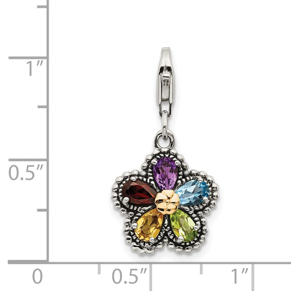 GSS Sterling Silver with 14K Accent Antiqued Pear Shaped Amethyst Citrine Blue Topaz Peridot and Garnet Multicolored Gemstone Flower with Lobster Clasp Charm