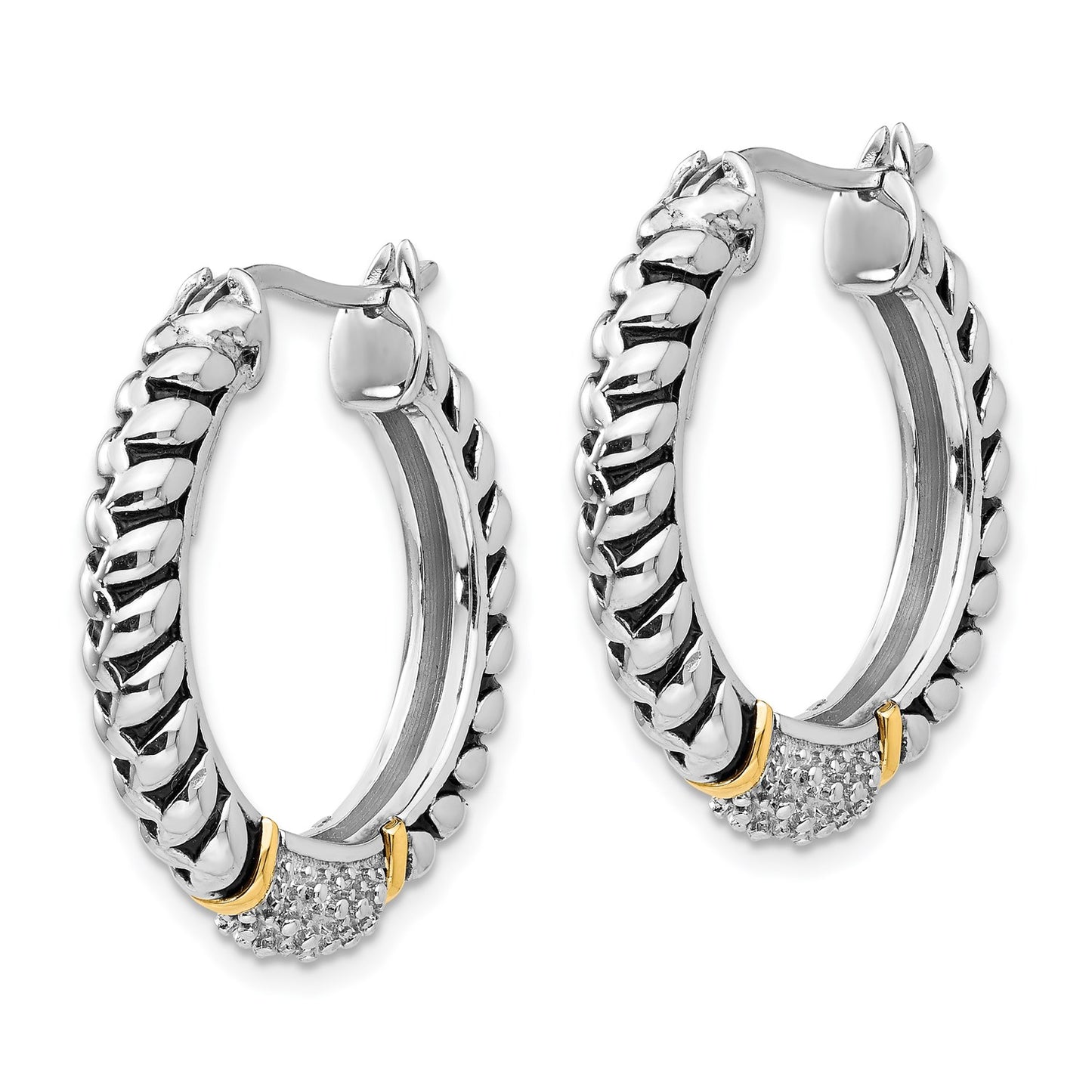 DSS Sterling Silver with 14K Accent Antiqued Diamond Hoop Earrings