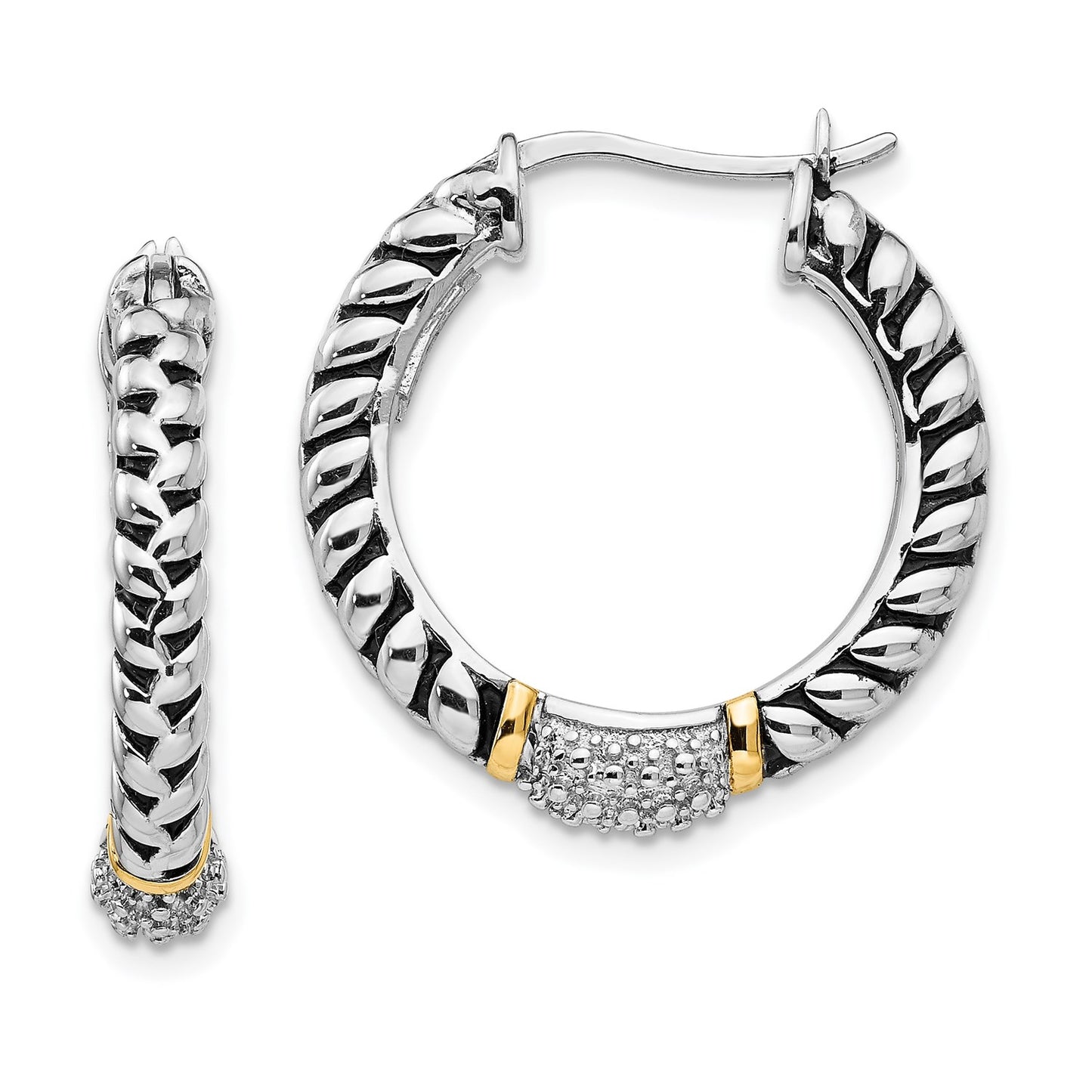 DSS Sterling Silver with 14K Accent Antiqued Diamond Hoop Earrings