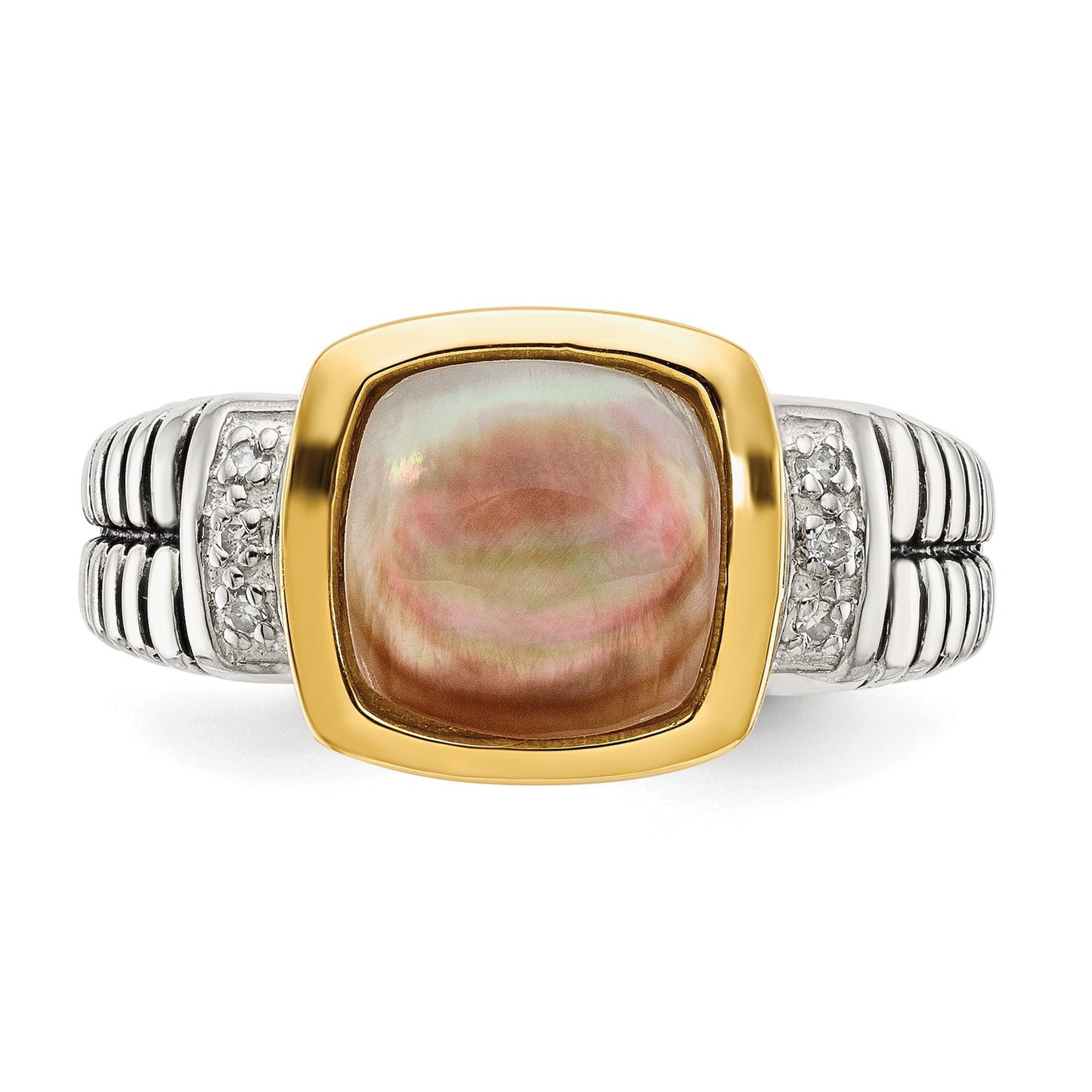 GSS Sterling Silver with 14K Accent Antiqued Black Mother of Pearl and Diamond Ring