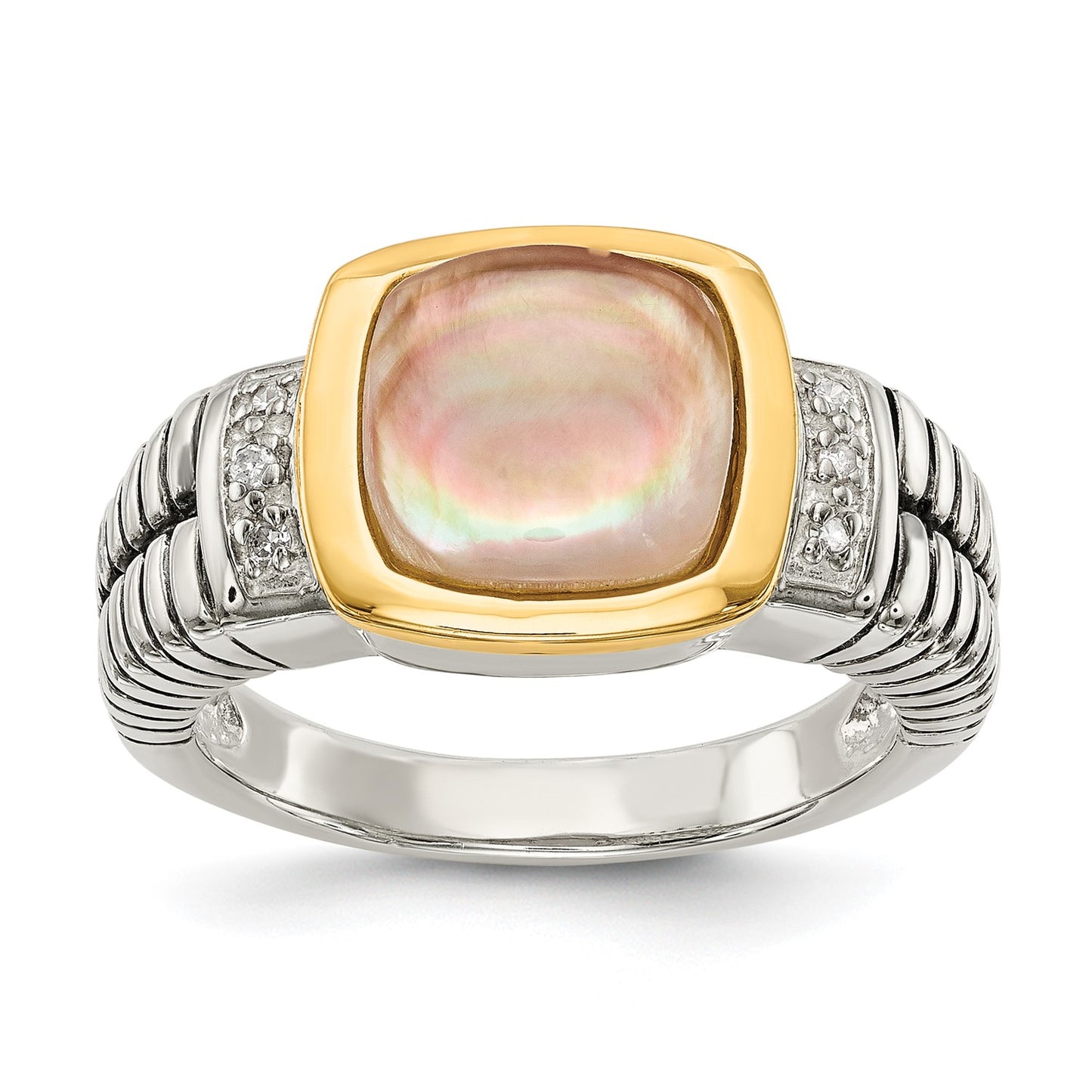 GSS Sterling Silver with 14K Accent Antiqued Black Mother of Pearl and Diamond Ring