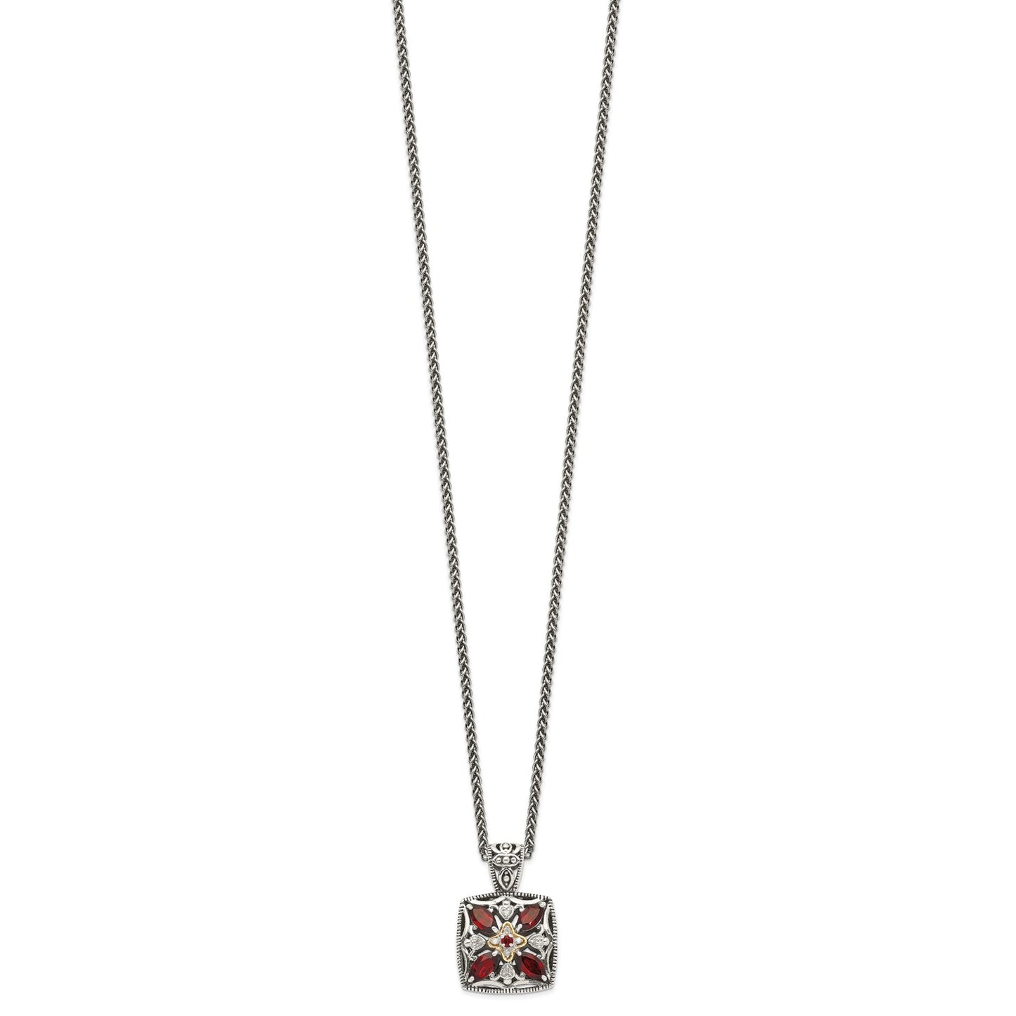 GSS Sterling Silver with 14K Accent 18 Inch Antiqued Diamond and Marquise Garnet Necklace