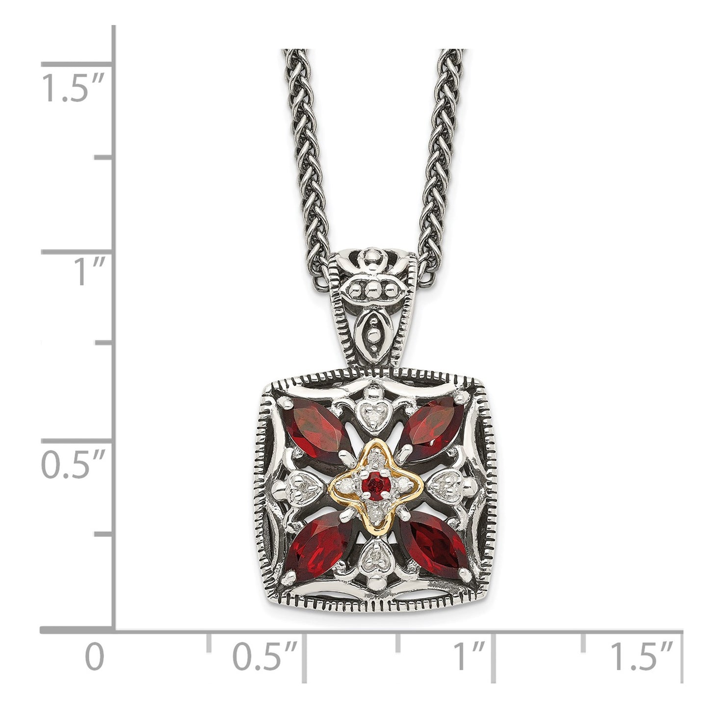 GSS Sterling Silver with 14K Accent 18 Inch Antiqued Diamond and Marquise Garnet Necklace