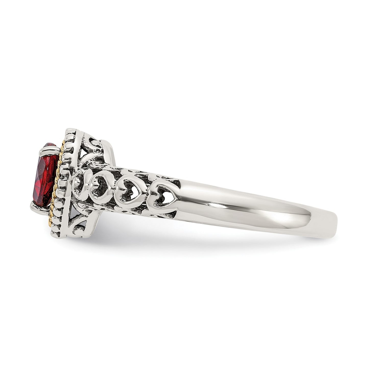 GSS Sterling Silver with 14K Accent Antiqued Heart Garnet Ring