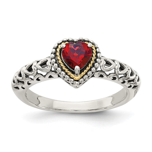 GSS Sterling Silver with 14K Accent Antiqued Heart Garnet Ring