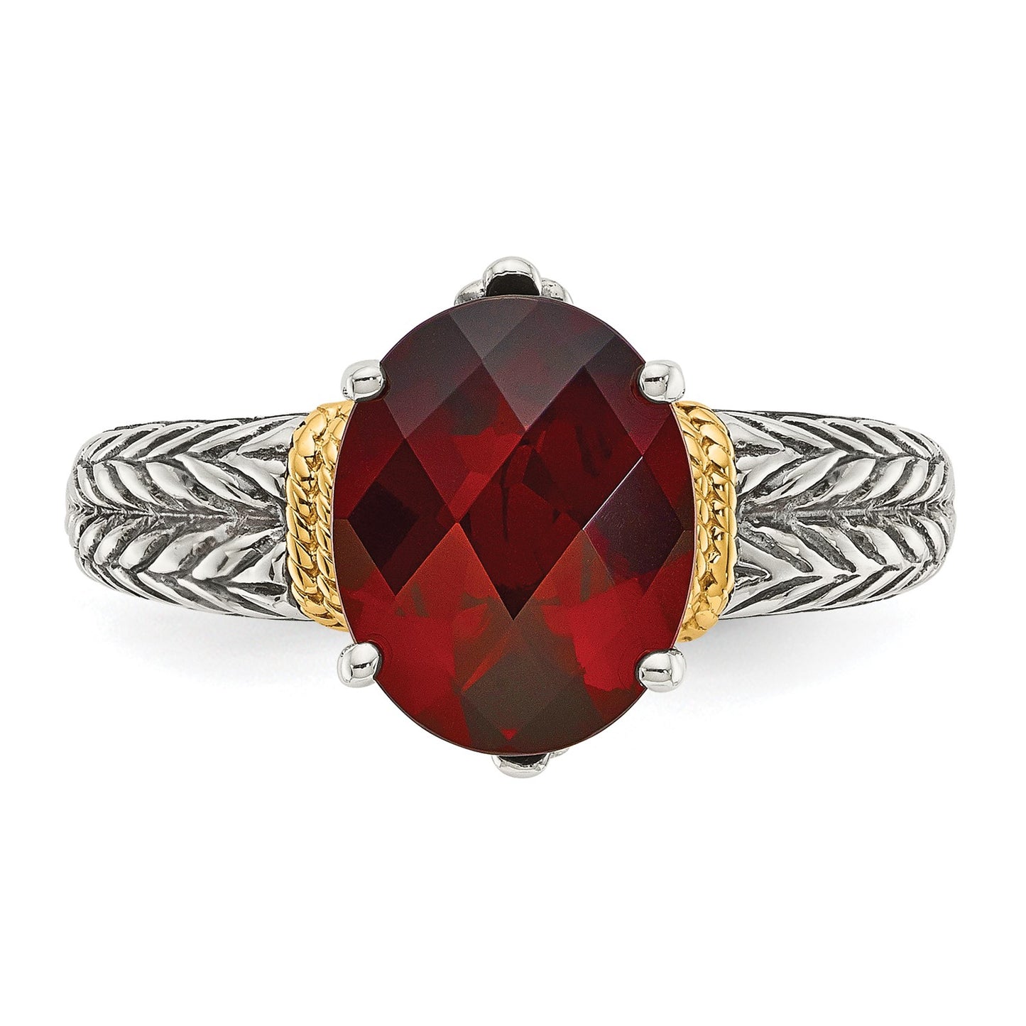 GSS Sterling Silver with 14K Accent Antiqued Oval Garnet Ring