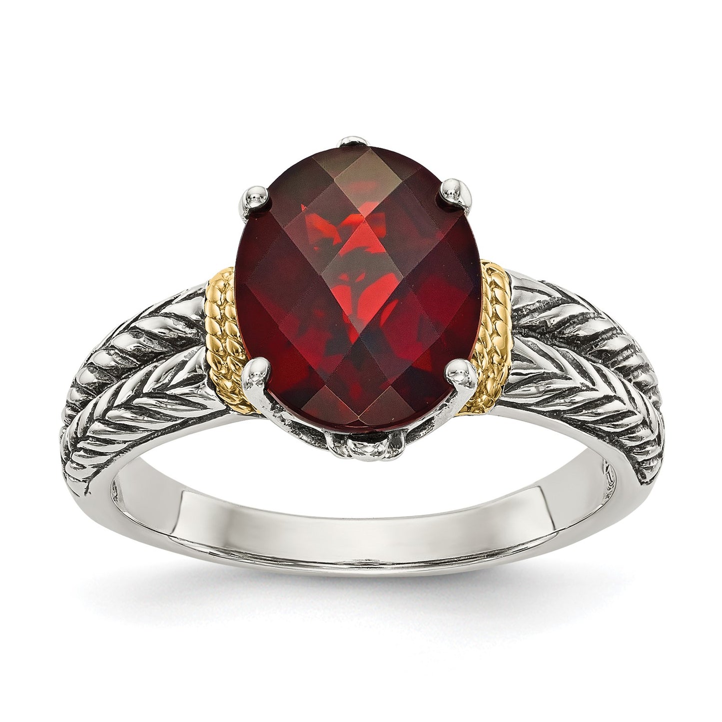 GSS Sterling Silver with 14K Accent Antiqued Oval Garnet Ring