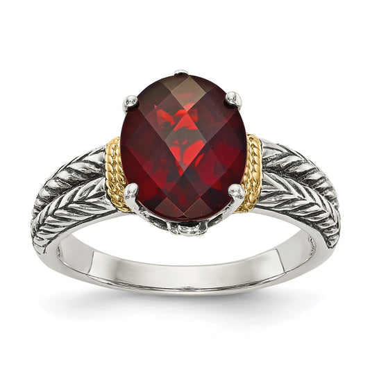 GSS Sterling Silver with 14K Accent Antiqued Oval Garnet Ring