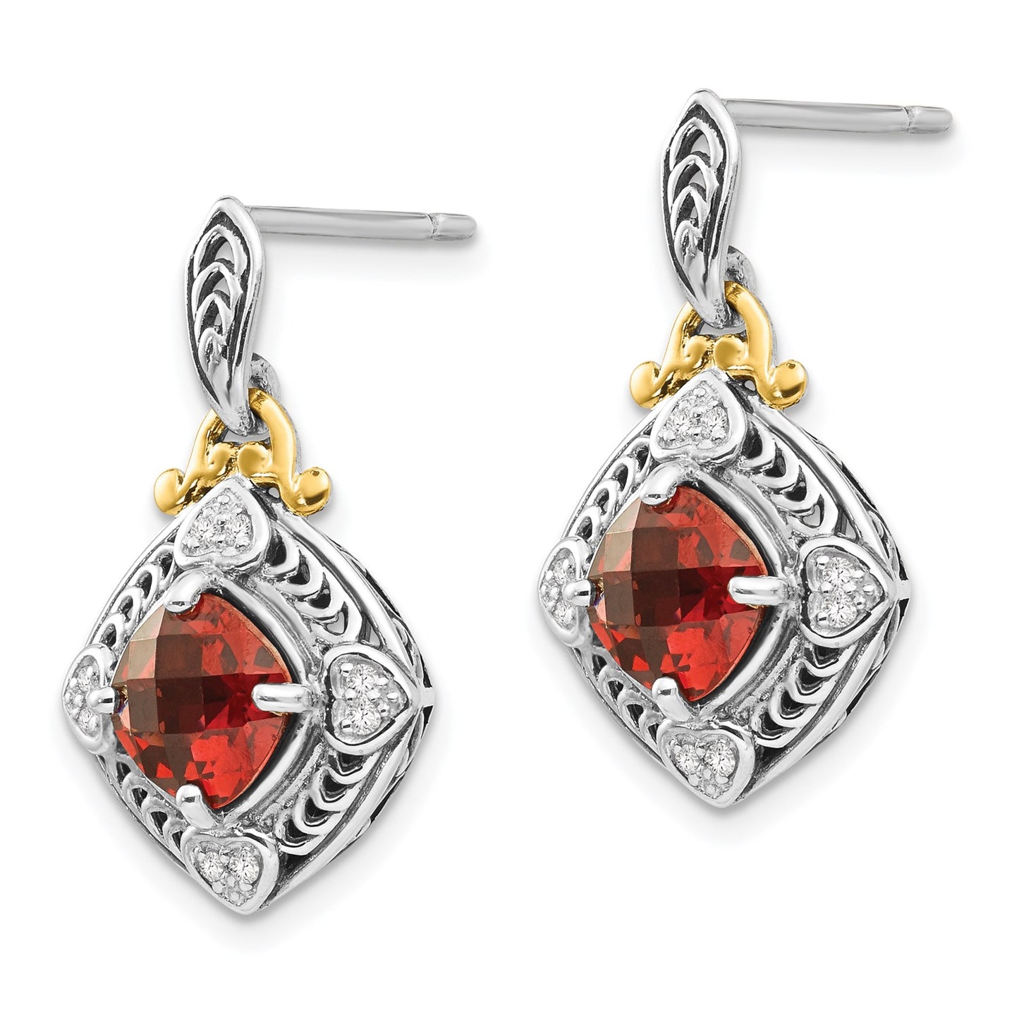 GSS Sterling Silver with 14K Accent Antiqued Diamond and Cushion Garnet Post Dangle Earrings