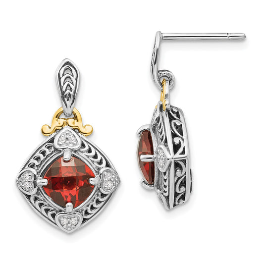 GSS Sterling Silver with 14K Accent Antiqued Diamond and Cushion Garnet Post Dangle Earrings