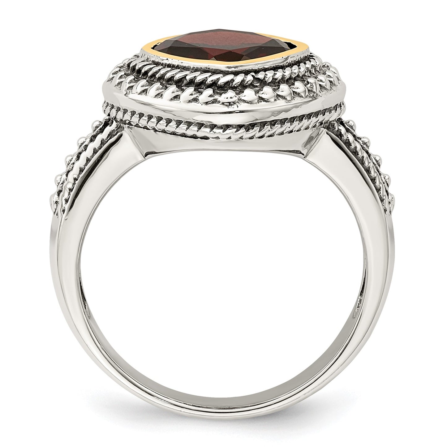 GSS Sterling Silver with 14K Accent Antiqued Cushion Bezel Garnet Ring