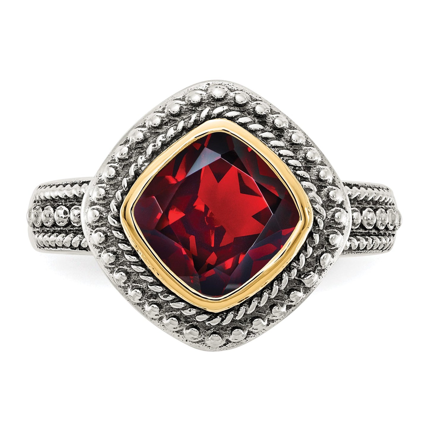 GSS Sterling Silver with 14K Accent Antiqued Cushion Bezel Garnet Ring