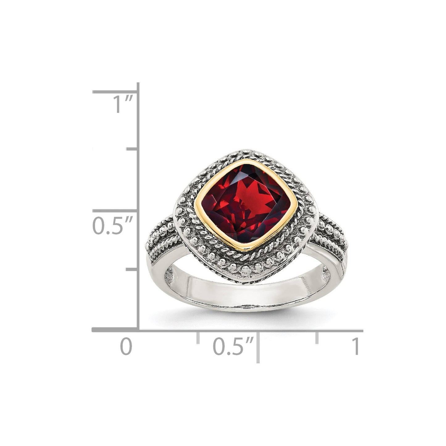 GSS Sterling Silver with 14K Accent Antiqued Cushion Bezel Garnet Ring