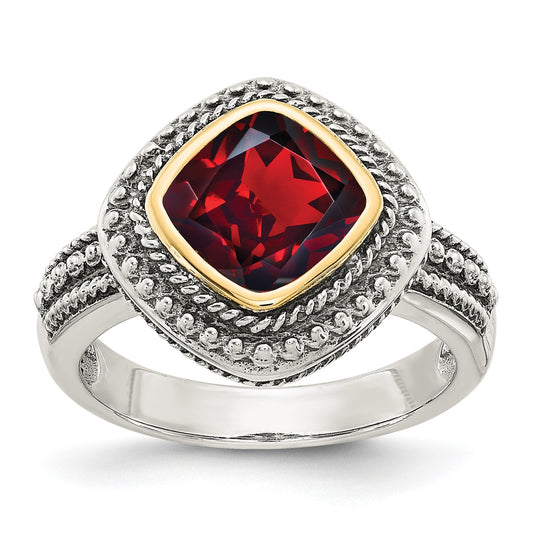 GSS Sterling Silver with 14K Accent Antiqued Cushion Bezel Garnet Ring