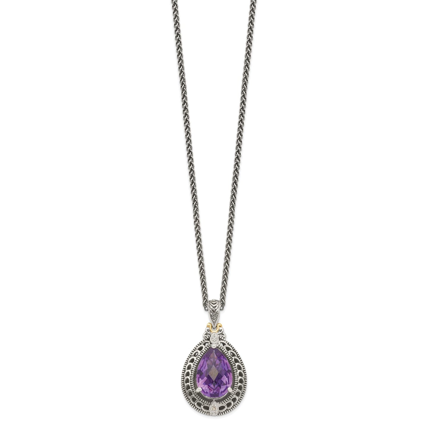 GSS Sterling Silver with 14K Accent 18 Inch Antiqued Diamond and Pear Shaped Amethyst Necklace
