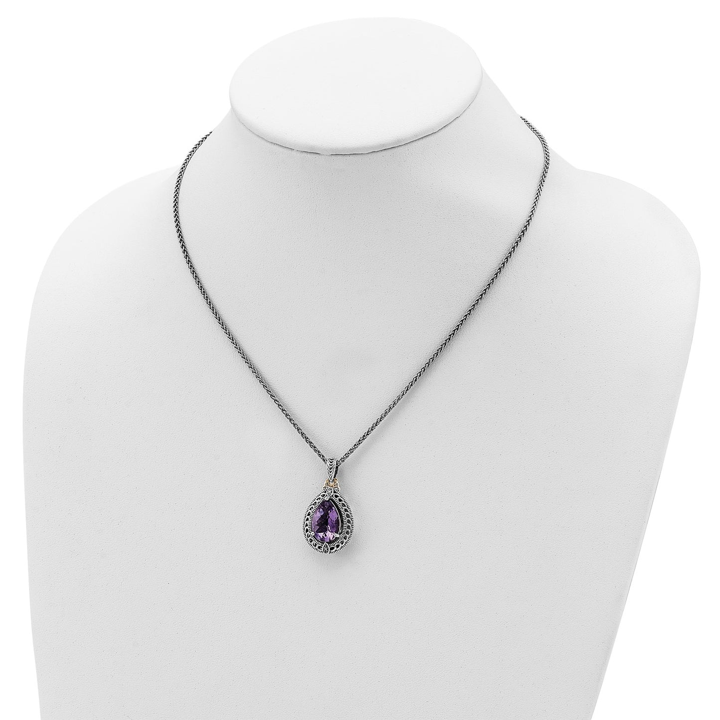 GSS Sterling Silver with 14K Accent 18 Inch Antiqued Diamond and Pear Shaped Amethyst Necklace