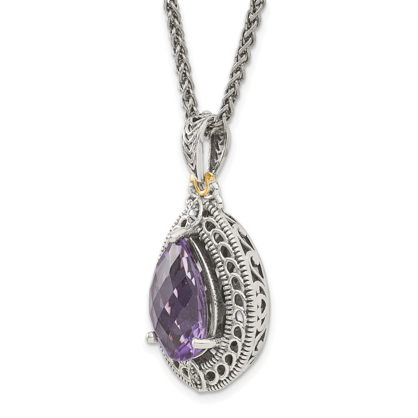 GSS Sterling Silver with 14K Accent 18 Inch Antiqued Diamond and Pear Shaped Amethyst Necklace