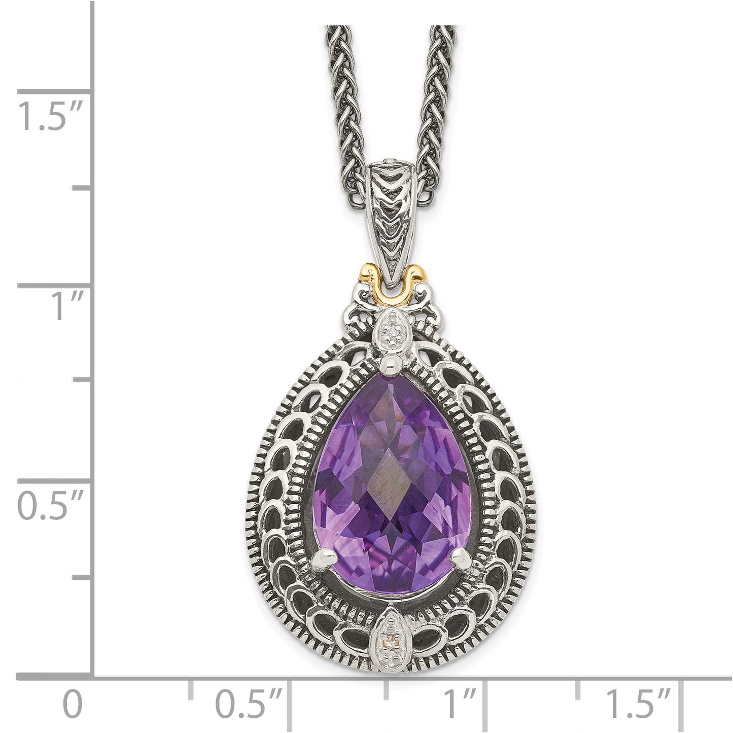 GSS Sterling Silver with 14K Accent 18 Inch Antiqued Diamond and Pear Shaped Amethyst Necklace