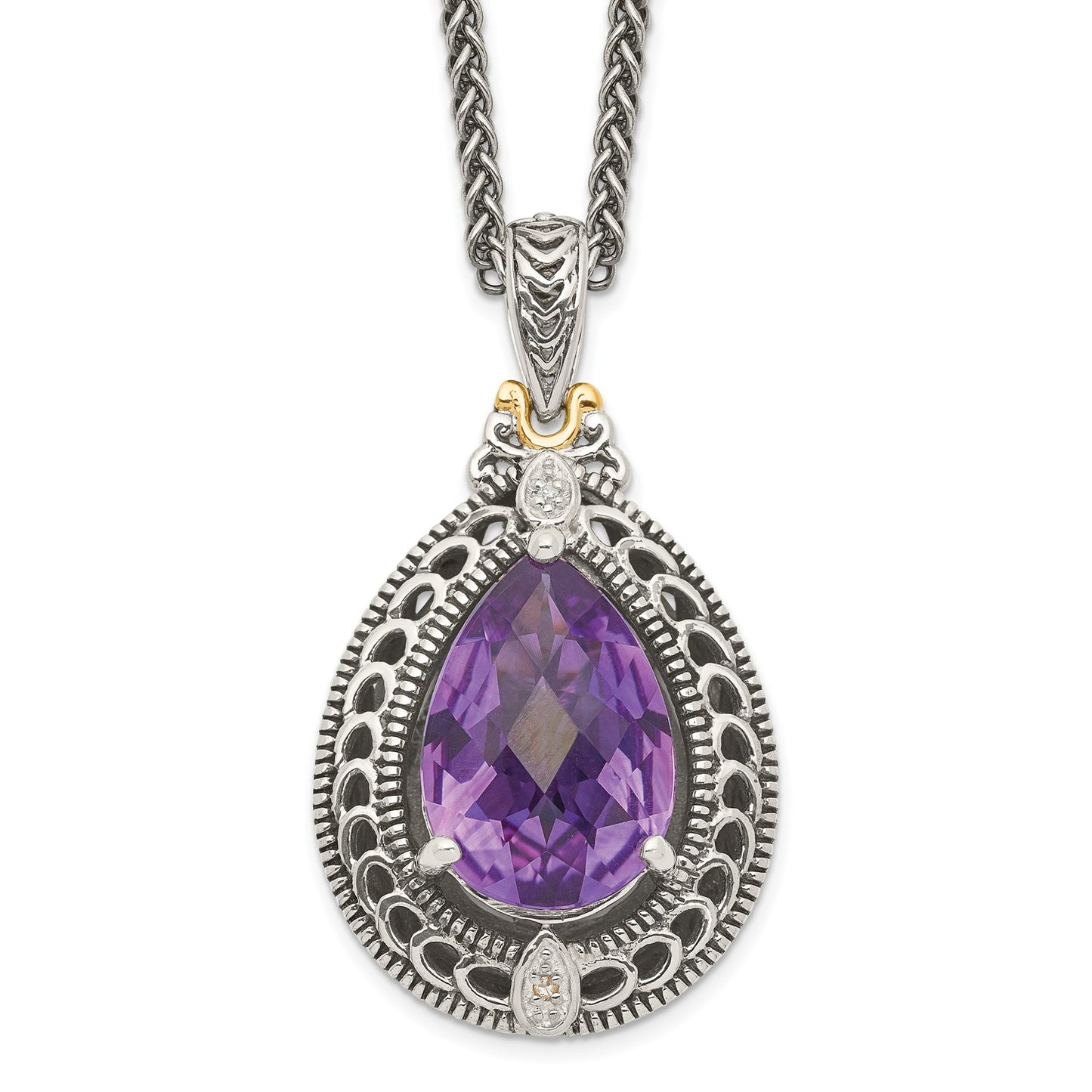 GSS Sterling Silver with 14K Accent 18 Inch Antiqued Diamond and Pear Shaped Amethyst Necklace