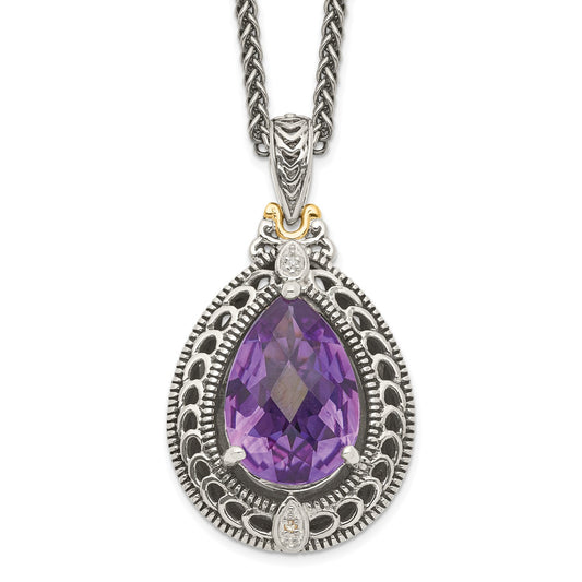 GSS Sterling Silver with 14K Accent 18 Inch Antiqued Diamond and Pear Shaped Amethyst Necklace