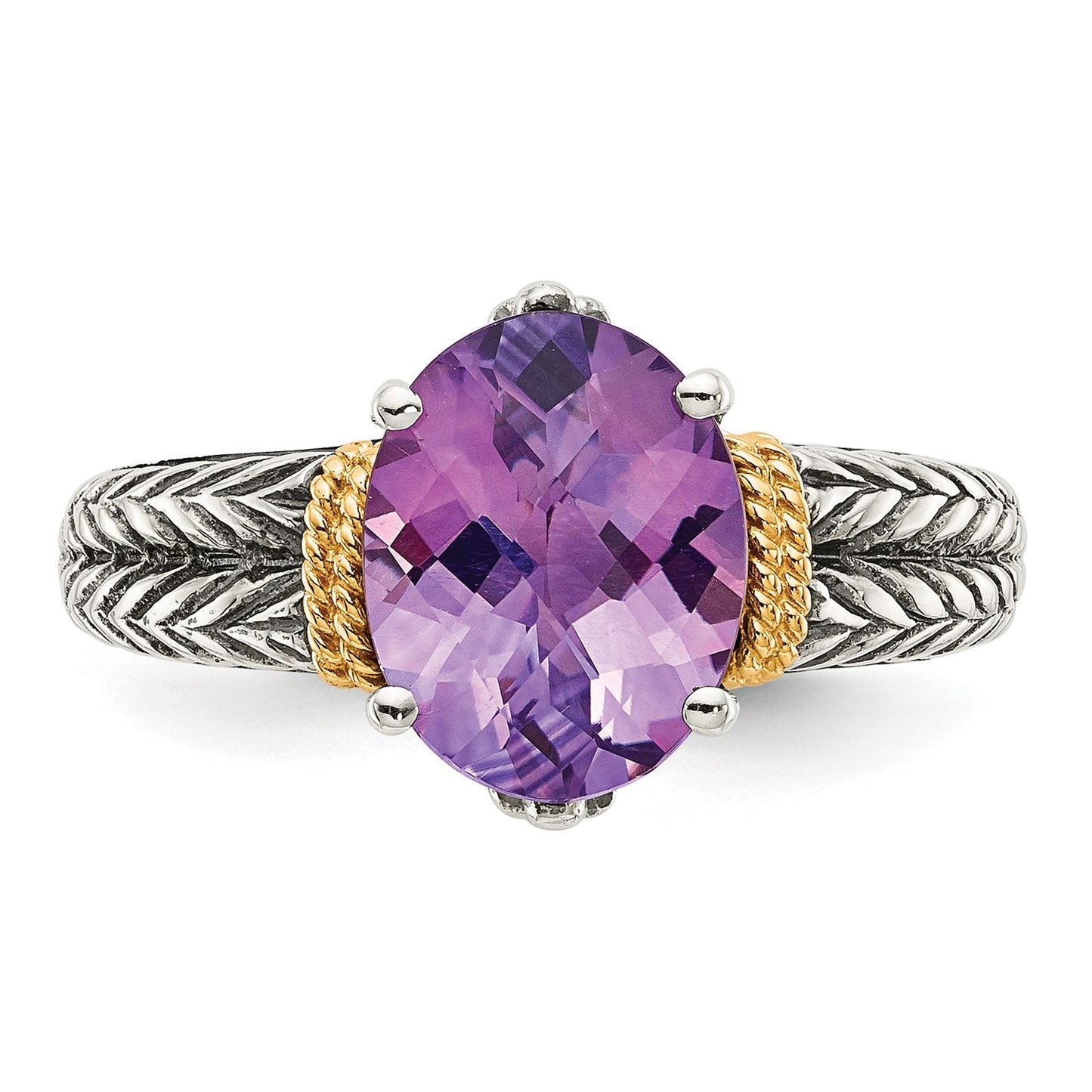 GSS Sterling Silver with 14K Accent Antiqued Oval Amethyst Ring
