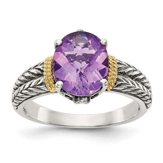 GSS Sterling Silver with 14K Accent Antiqued Oval Amethyst Ring
