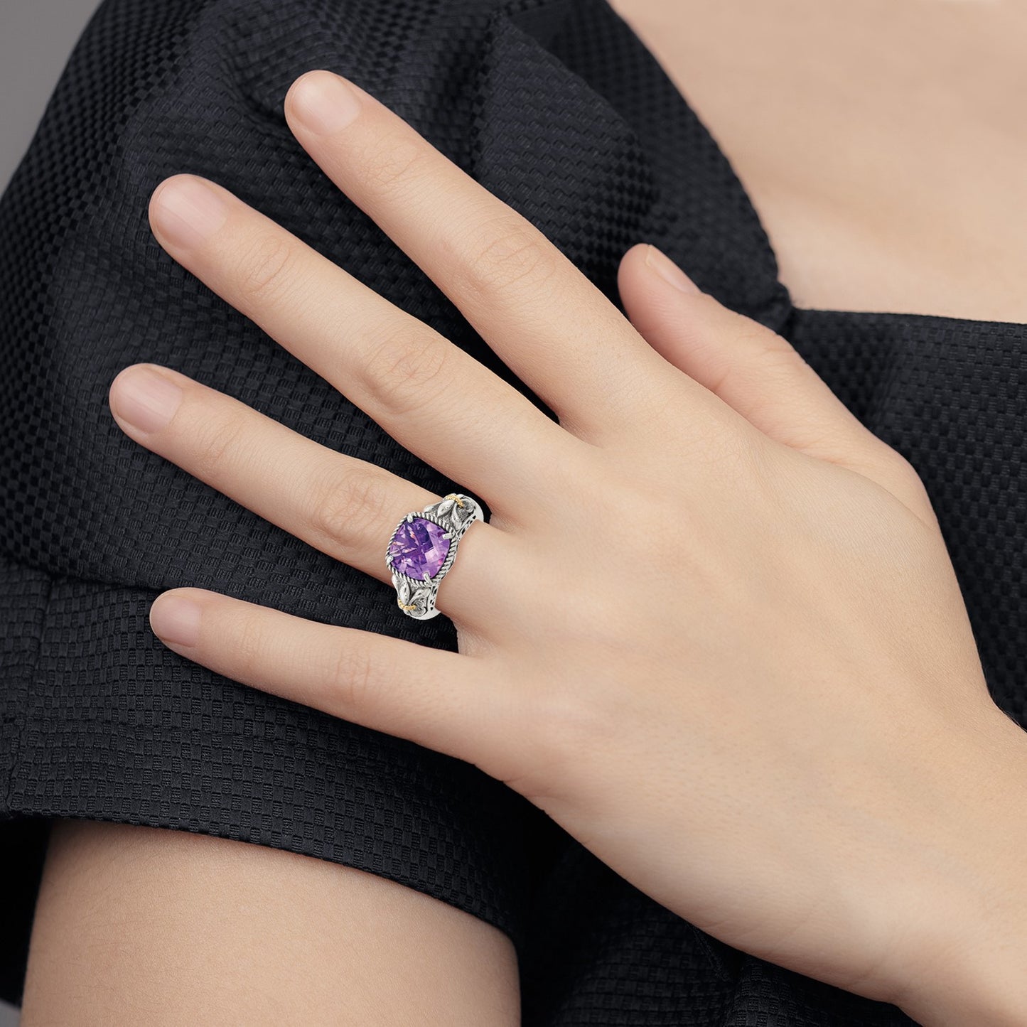 GSS Sterling Silver with 14K Accent Antiqued Cushion Amethyst Ring